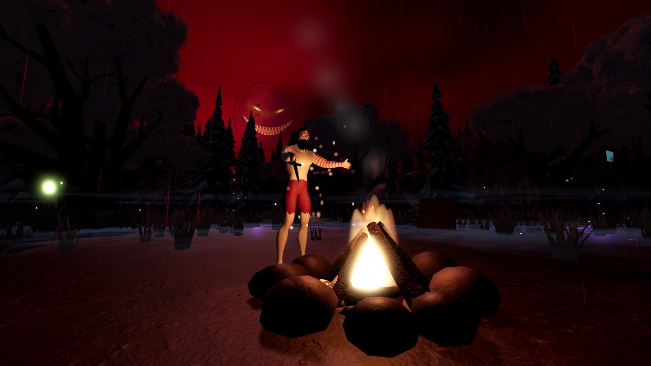 Resting by a campfire under the Blood Moon in the Cursed Forest