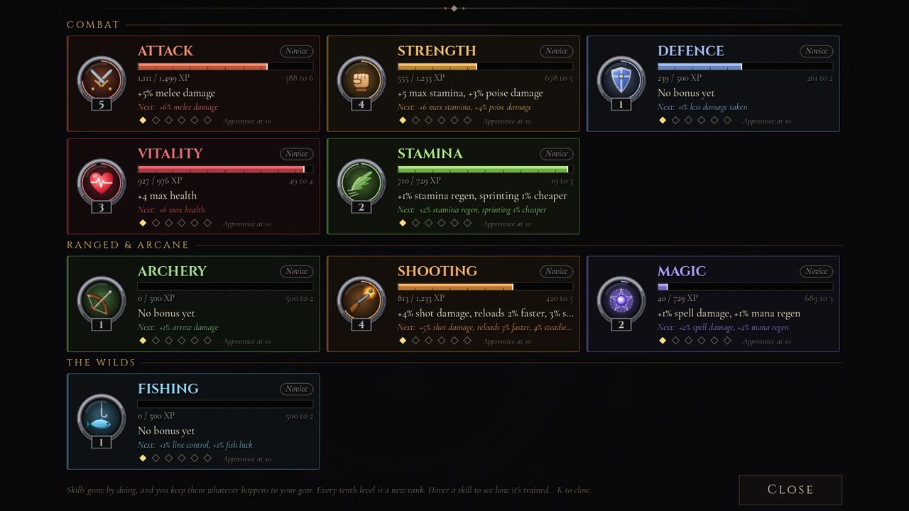 The skills panel: nine skills, from Attack to Fishing
